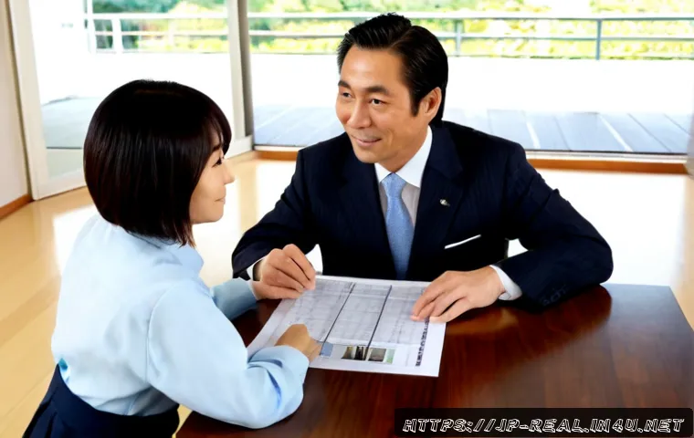 공인중개사 부동산 상담 사례 공유 - Photorealistic real estate consultation in a bright modern Japanese apartment, friendly licensed rea...