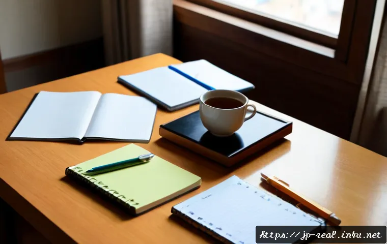 공인중개사 시험 대비 노트 정리 방법 - Photorealistic Japanese study desk for real estate licensing exam preparation, neatly organized colo...