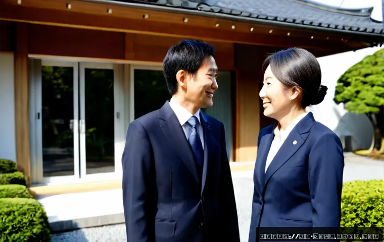 공인중개사 브랜딩 성공 사례 - Photorealistic successful Japanese real estate agent in a tailored navy suit warmly greeting a happy...