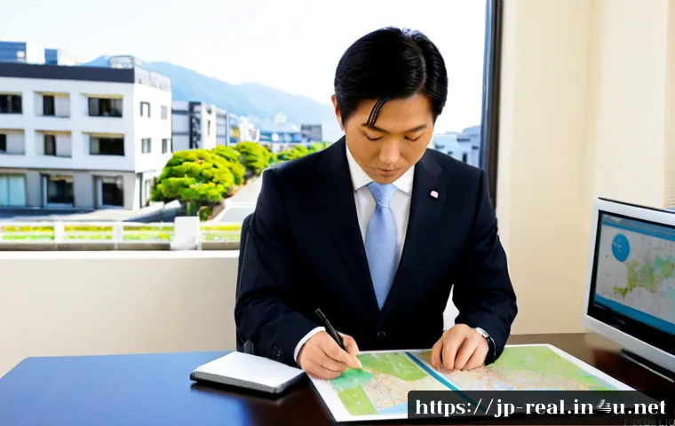 공인중개사와 지역 부동산 시장의 분석적 접근 - Photorealistic Japanese real estate agent in a neat business suit analyzing a local neighborhood pro...