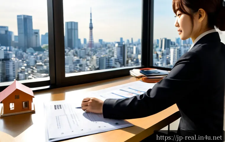 공인중개사 자격증과 부동산 경매 연결성 - Photorealistic Japanese real estate professional at a clean modern desk, carefully comparing a blank...