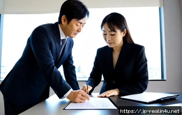공인중개사 부동산 중개 관련 최신 정보 - Photorealistic Japanese real estate agent in a neat business suit consulting with a middle-aged coup...
