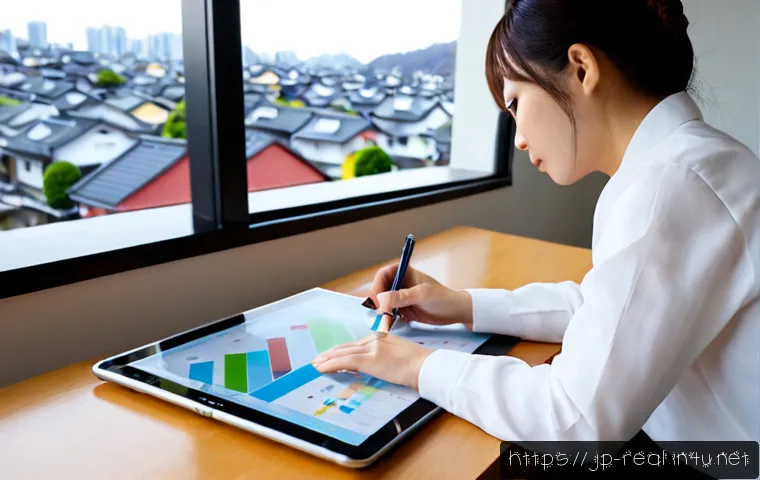 공인중개사와 지역 부동산 데이터 활용법 - Photorealistic Japanese real estate agent in a neat modern office, calmly reviewing a tablet with ab...